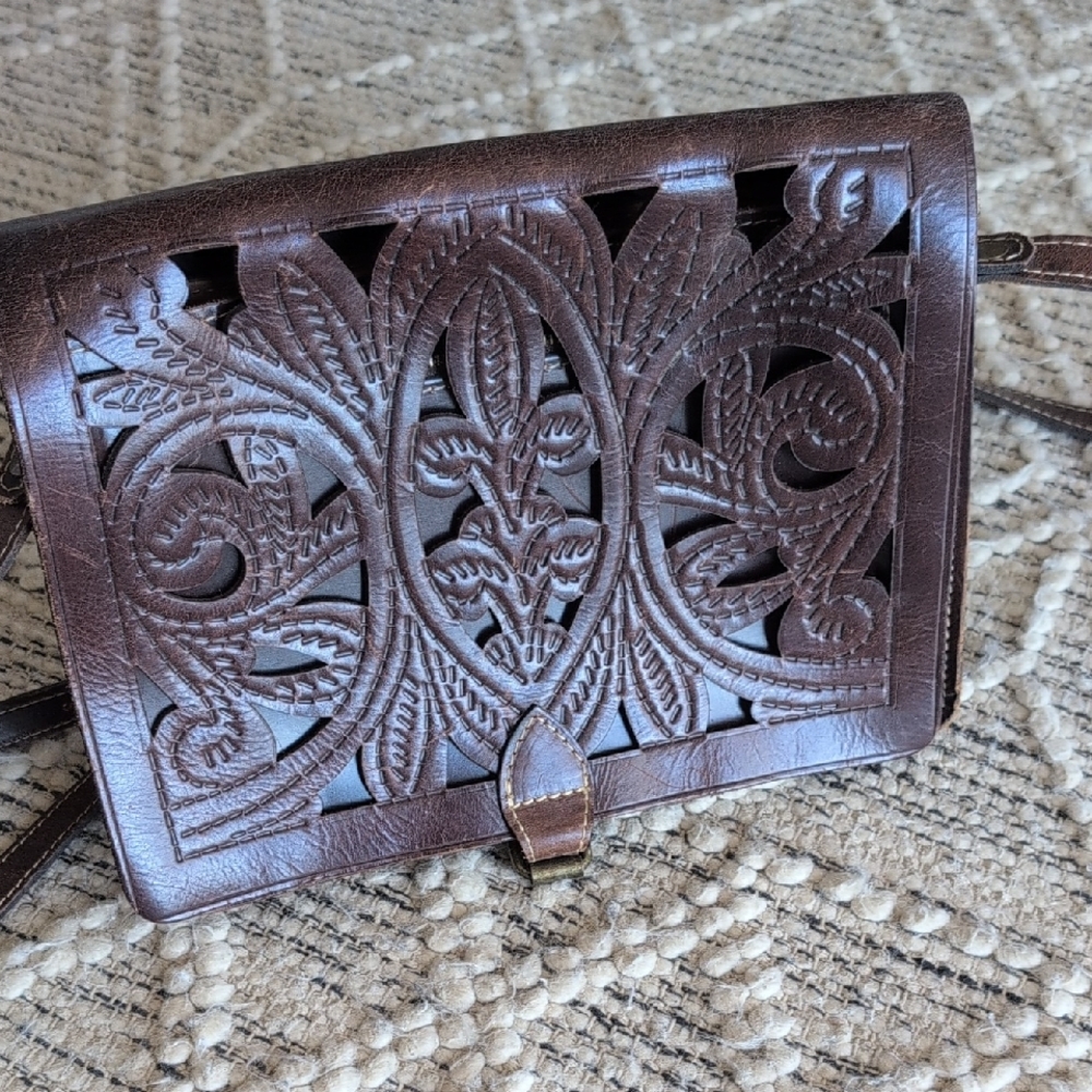 Patricia Nash Brown Leather Cutout Crossbody Bag